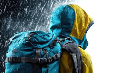 Adventurer's Resolve: A lone figure braves a downpour, the hooded jacket and backpack embodying resilience and the thrill of outdoor exploration.