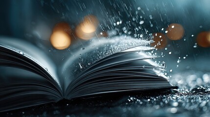 Ephemeral Story: An open book, weathered by a gentle cascade of water, reveals its literary secrets amidst a backdrop of ambient light.