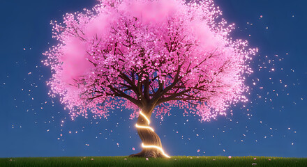 Enchanting pink cherry blossom tree with glowing golden light spiraling its trunk, petals gently falling onto lush green grass under a clear night sky, evoking serene spring beauty and magical wonder.