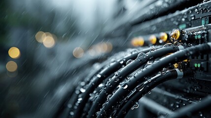Network Cables in Rain: A close-up view captures network cables glistening with raindrops, conveying the vital role of technology, and its resilience even under challenging conditions.