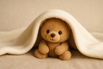 Cozy teddy bear under blanket