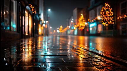 Nocturnal City Ambiance: A city street shimmers under a veil of soft rain and warm ambient illumination, a symphony of urban lights reflects on the damp pavement, creating a picturesque ambiance.