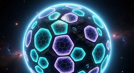 Abstract Glowing Hexagonal Grid Sphere in Space with Vibrant Neon Colors.