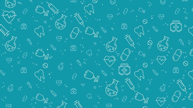 Medical seamless pattern with white medical icons on blue backdrop. Suitable for healthcare websites, medical presentations. Medical seamless pattern background loop animation. 