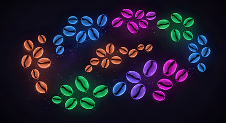 Vibrant abstract coffee beans dance in a cosmic nebula glowing with neon energy, creating a visually stunning and energetic modern art piece for dynamic branding.