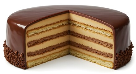 A tall layered mousse cake with alternating chocolate and cream layers finished with a glossy chocolate top. The design looks modern and neat.