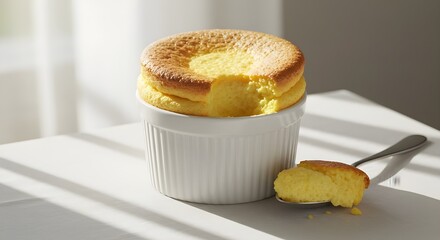 A freshly baked souffl&eacute; with a puffy golden top rising above the ramekin. The texture looks airy, light, and warm, capturing a delicate handmade dessert moment.
