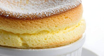 A soft and fluffy sponge cake with a golden surface and powdered sugar on top. The texture looks airy and light, giving a fresh homemade dessert vibe with a simple, clean presentation.