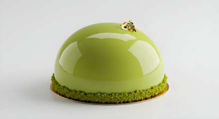 A glossy green mirror glaze mousse cake sits on a clean white background. 