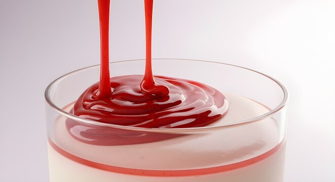 A close-up of thick strawberry syrup flowing smoothly into a glass bowl. The slow motion and glossy appearance emphasize rich texture and deep, fruity flavor for a mouthwatering effect.