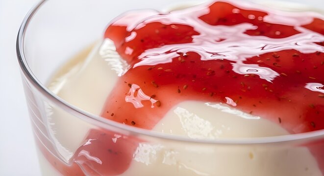 A close-up shot of strawberry sauce dripping over creamy cheesecake. The glossy texture and vibrant red color create an appetizing visual emphasizing freshness and rich sweetness.