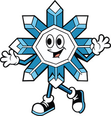 Happy cartoon snowflake character waving isolated on transparent background