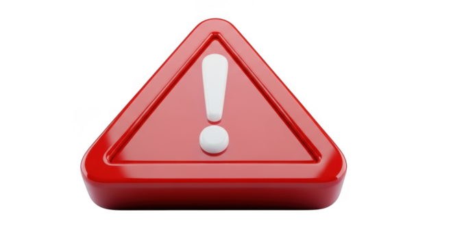 Red triangular warning sign with exclamation mark isolated on transparent background