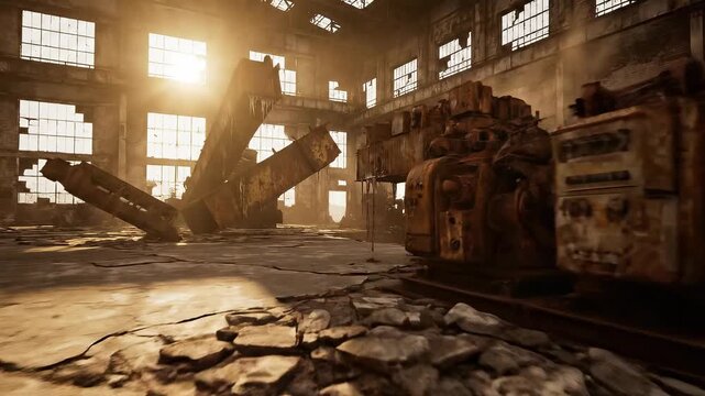 A dilapidated interior shows rusted industrial equipment in a sunlit, decaying building
