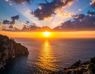 A vibrant seascape captures the sun setting over a dramatic coastline