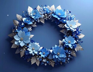 A vibrant wreath of blue flowers and silver leaves, on a blue background