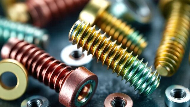 A close-up showcases a group of vividly colored screws and nuts with detailed textures