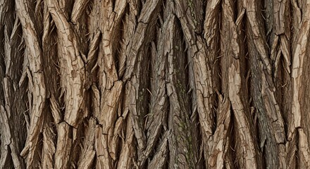 Closeup of tree bark deeply furrowed with irregular vertical ridges The bark has a rough texture and a mix of brown and gray tones