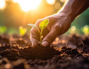 Person Planting Seedling in Dark Brown Soil Against Golden Sunlight