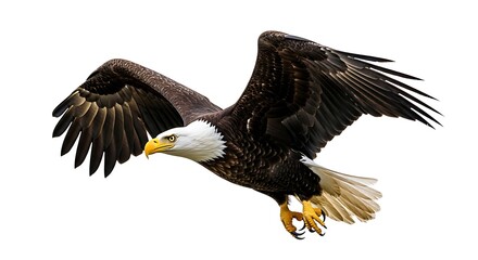 Fototapeta premium Illustration of majestic bald eagle soars through the air, isolated on white background
