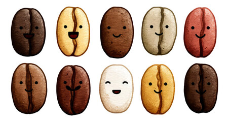 Obraz premium Cute Coffee Beans with Smiley Faces in Various Colors on Transparent Background