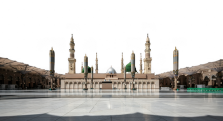 Majestic islamic mosque with minarets and green dome amidst mountainous landscape isolated on transparent background
