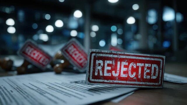 A close-up shot of a 'REJECTED' stamp on paperwork, other stamps and a blurred office background