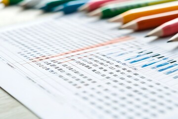 Colorful Pencils Row and Business Charts or Graph on White Paper Close Up Presentation