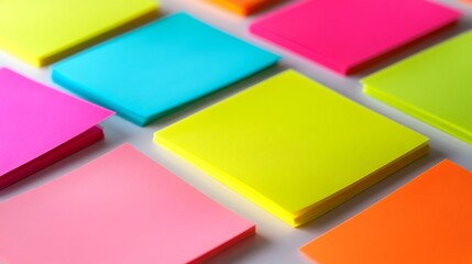 Colorful Stacked Sticky Notes Closeup, Neon Pink, Green, Yellow, Blue, Orange Colors