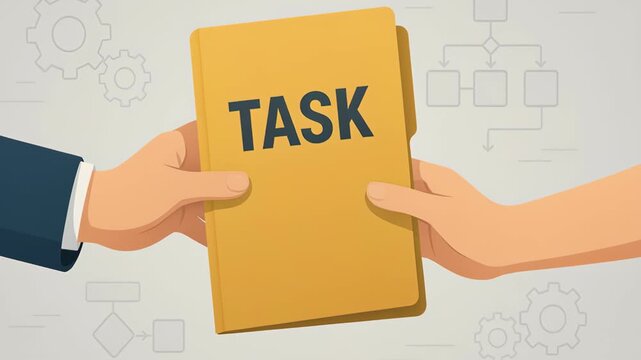Hands exchanging folder labeled TASK symbolize collaboration and teamwork professional business setting with abstract elements and project management