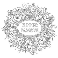 Obraz premium Escape to a summer paradise with this tropical floral design, perfect for adult coloring books and creative projects, feel the tropical vibes today