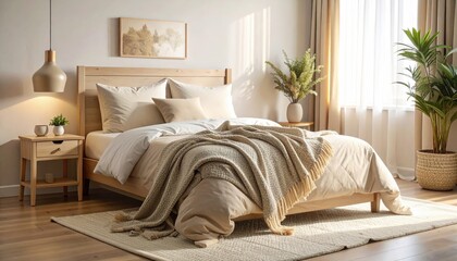 Serene bedroom with light wood furniture a cozy queen size bed with beige and white bedding a knitted throw blanket and potted plants bathed in natural sunlight