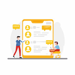 Flat illustration of people communicating via email and chat interface, symbolizing online support, teamwork, and customer relationship management.