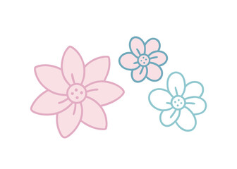 Three simple pastel pink and blue outline flowers with solid pink center isolated on transparent background