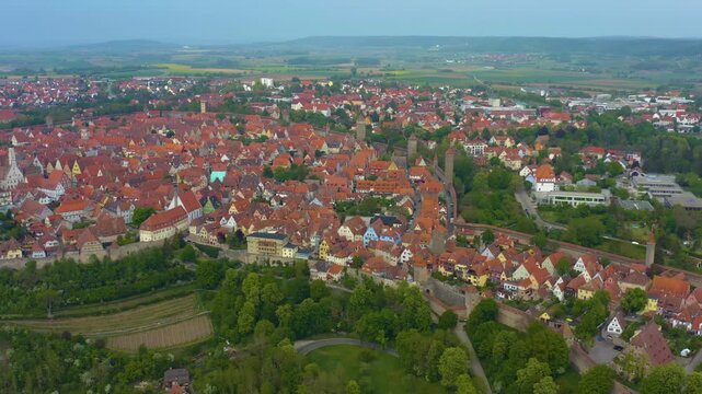 Aerial panoramic view of the old town city Rothenburg ob der Tauber in Germany, Bavaria on a sunny spring day