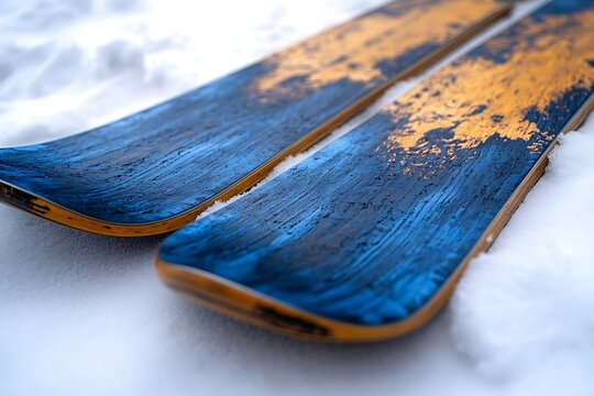 Detailed View of Two Blue and Golden Skis Lying Flat on Snowy Surface During Winter Season