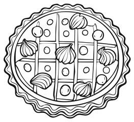 Fototapeta premium Outline drawing of a pie with meringue topping and berry decoration