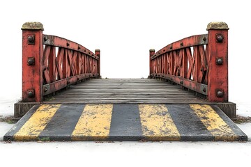 Distressed Red Metal Bridge with Wood Planks and Yellow Striped Surface On White