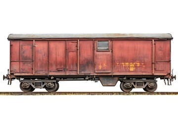 Distressed Red Railroad Car, Freight Wagon with Weathered Metal Isolated on White