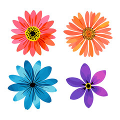 Obraz premium Set of four detailed watercolor-style flowers from top view in vibrant pink, orange, blue, and purple colors, isolated vector illustration for spring design.