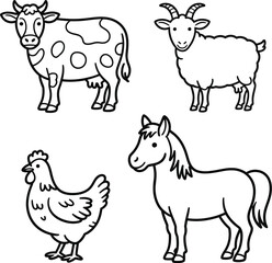 Fototapeta premium Farm animals line art goat chicken