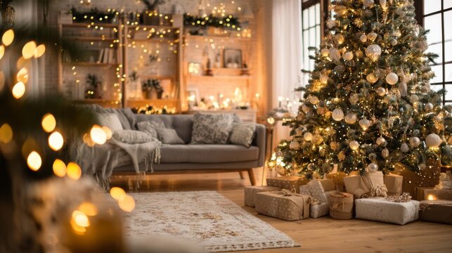 Stylish modern living room with large christmas tree, garlands, and warm fairy lights, editorial lifestyle image capturing festive ambiance, winter comfort, and elegant seasonal home decor