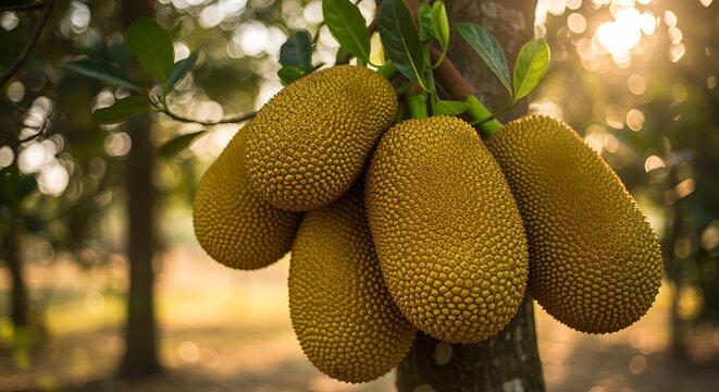 Ripe jackfruit cluster hanging from tree yellow green