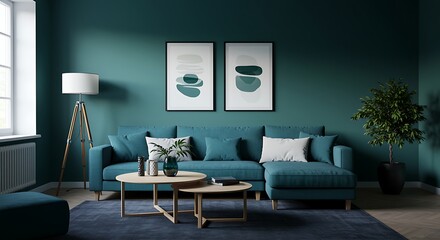 Teal sofa abstract art modern interior living room