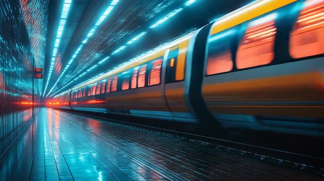 Blurred Train in Motion at Neon-Lit Subway Station