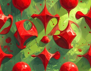Abstract composition with vibrant red shapes set against a textured green backdrop