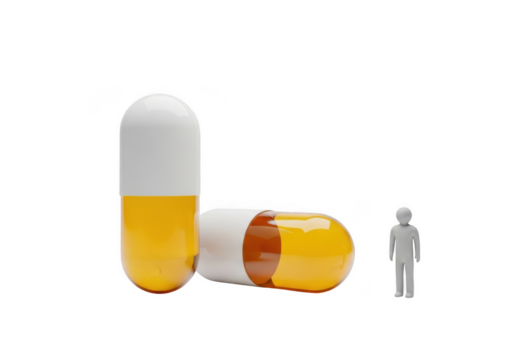 Large capsule pill next to small human figure isolated on transparent background for scale comparison
