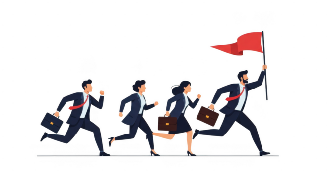 Team of business professionals running with flag isolated on transparent background