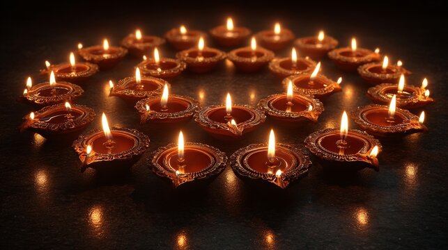 Circle of traditional clay oil lamps glowing in the dark, warm orange flames creating a festive diwali atmosphere, editorial cultural still life celebrating light, devotion, and community - Powered by Adobe