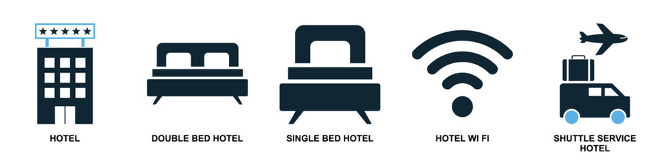 Set hotel icon vector. Ideal for hospitality, accommodation, and travel amenity themes. This graphic collection represents various guest services and lodging features for a seamless interface design.